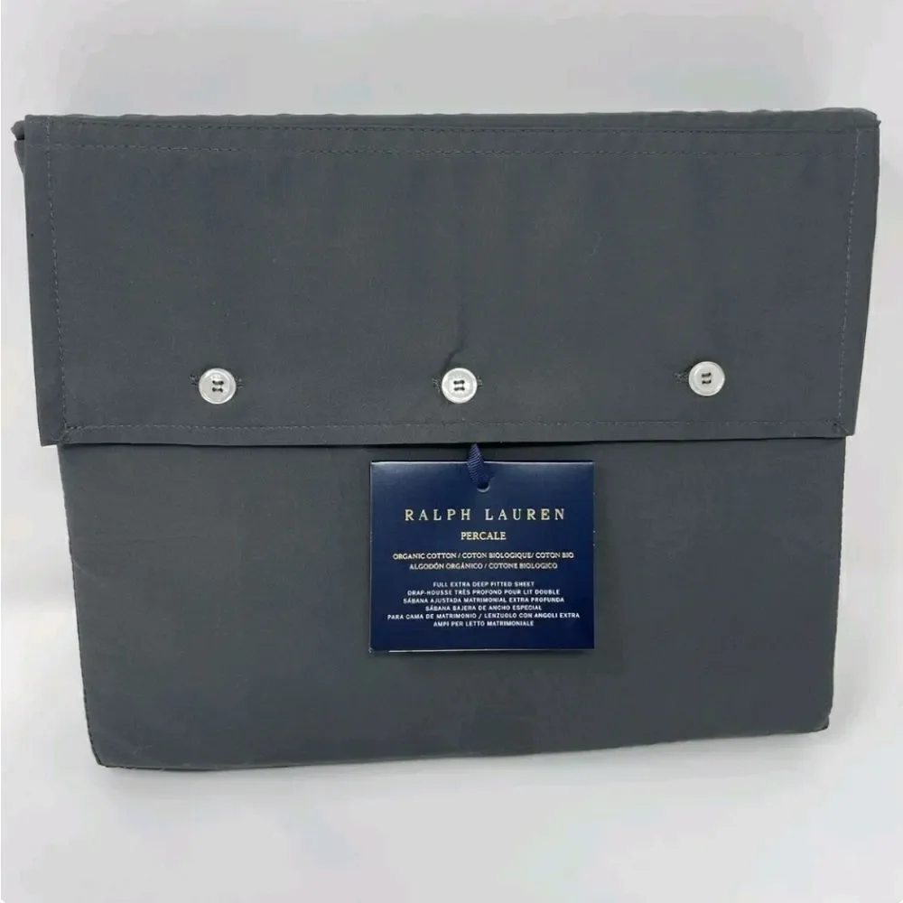 Ralph Lauren Home Organic Cotton Percale Twin Set Grey Fitted and Flat Sheet NEW